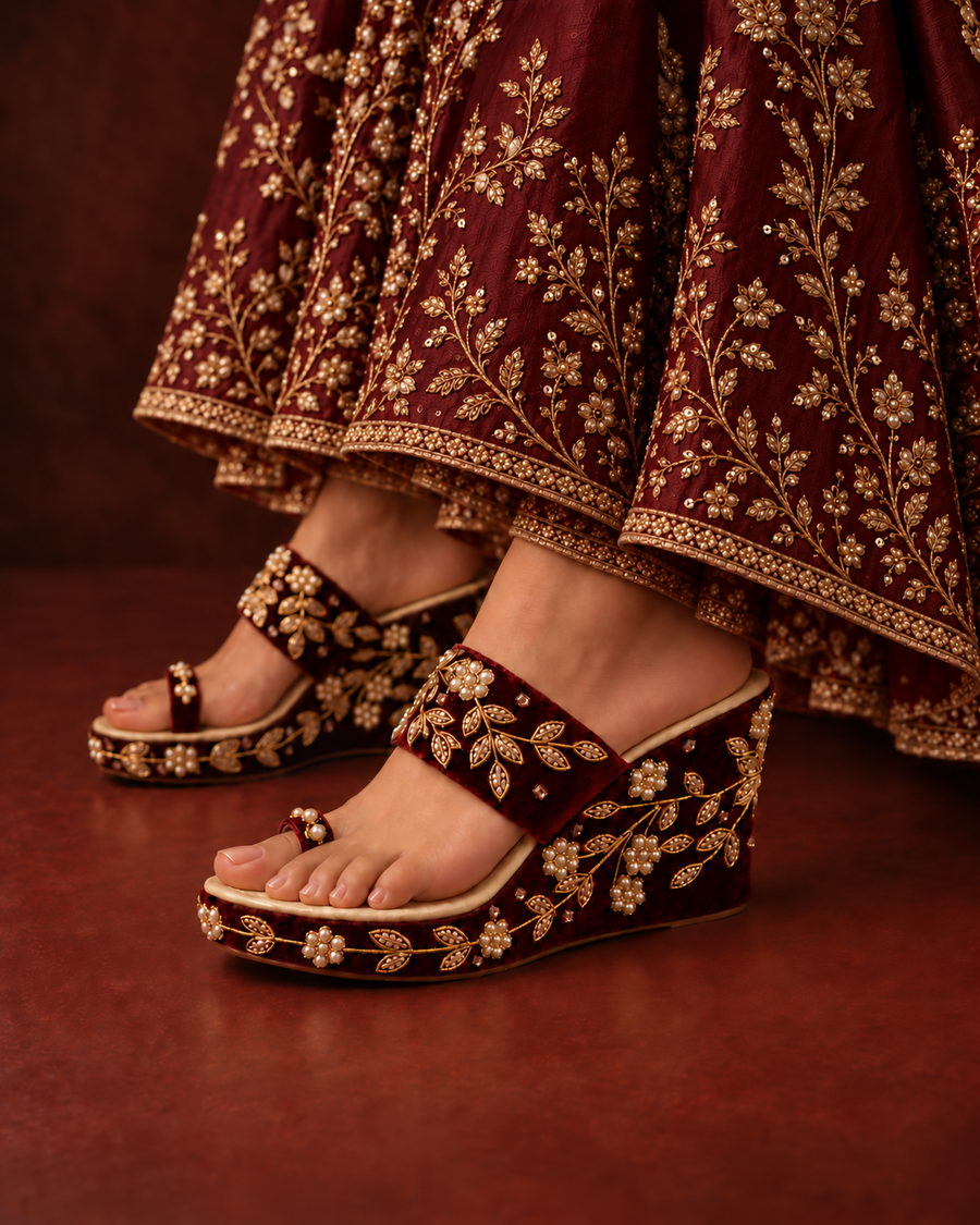 Bridal footwear with a maroon lehenga
