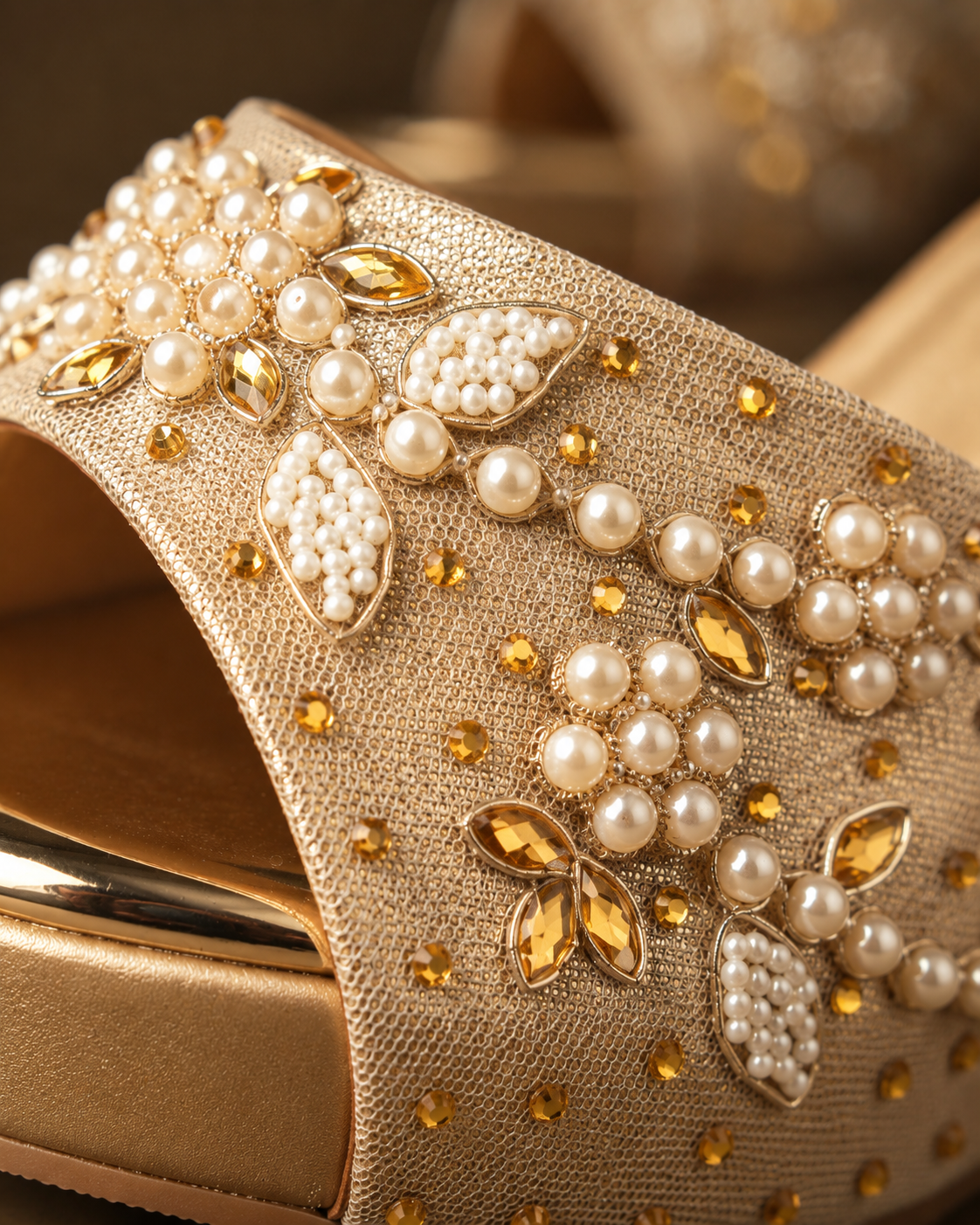 Champagne pearl wedge detail, crafted by hand