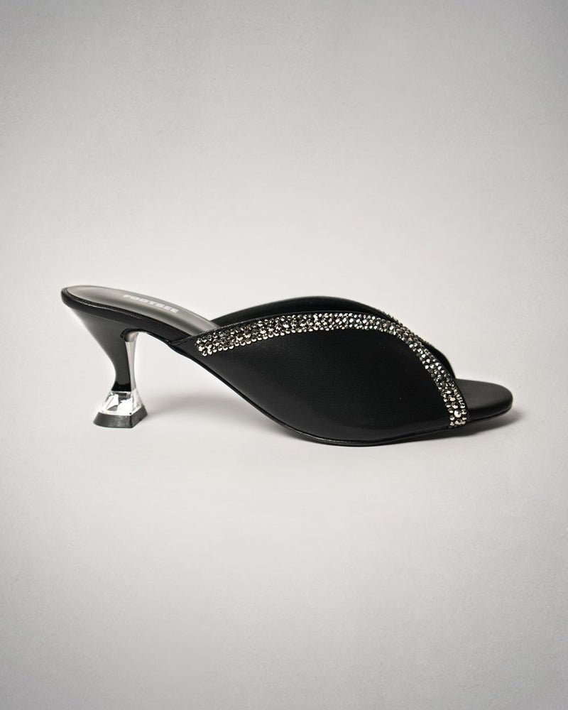 Soiree Crystal Heeled Mule - Black