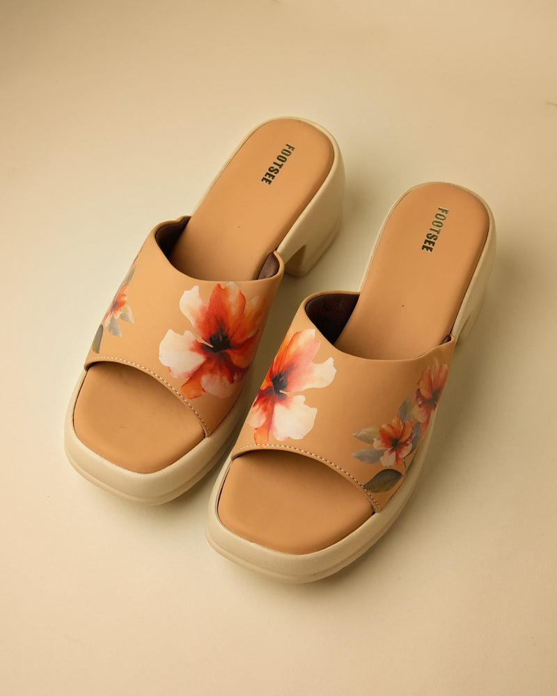 Poppy Tan Floral Platform Block-Heel Slide
