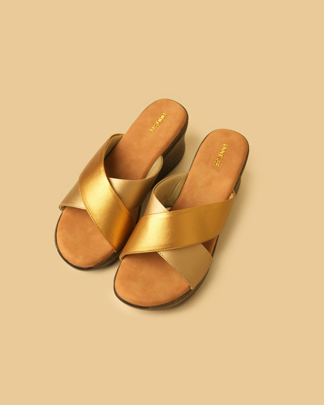 Lustre Gold Champagne Crossover Wedge Slides view 2