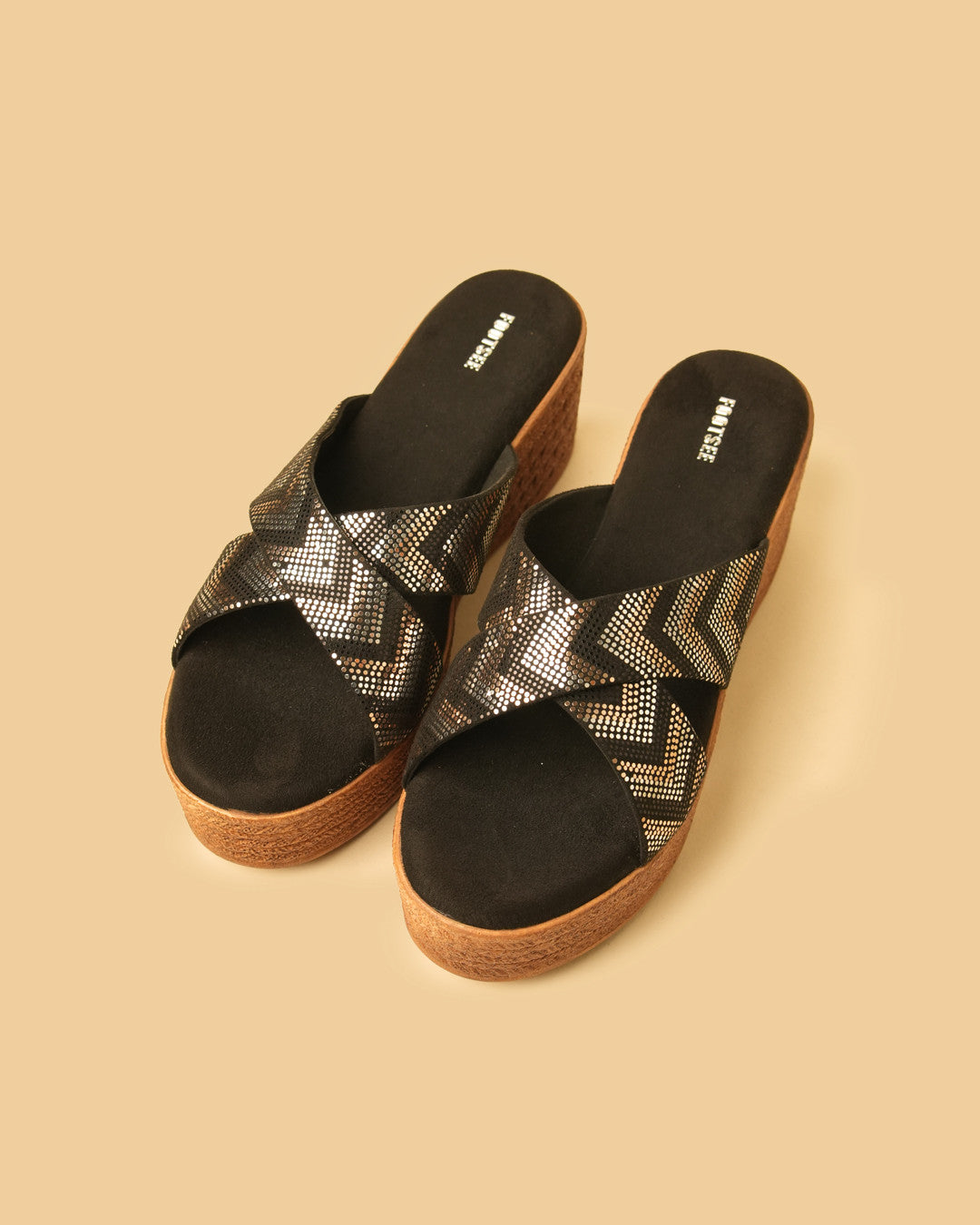 Prism Black Silver Platform Wedge Slides