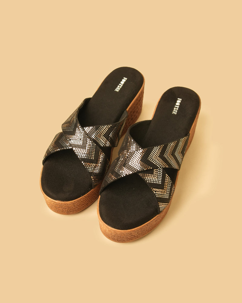 Prism Black Silver Platform Wedge Slides