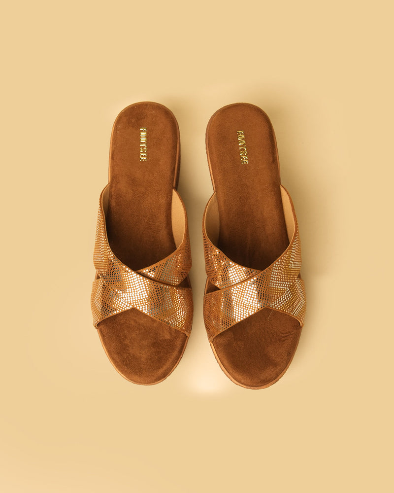 Prism Copper Gold Platform Wedge Slides