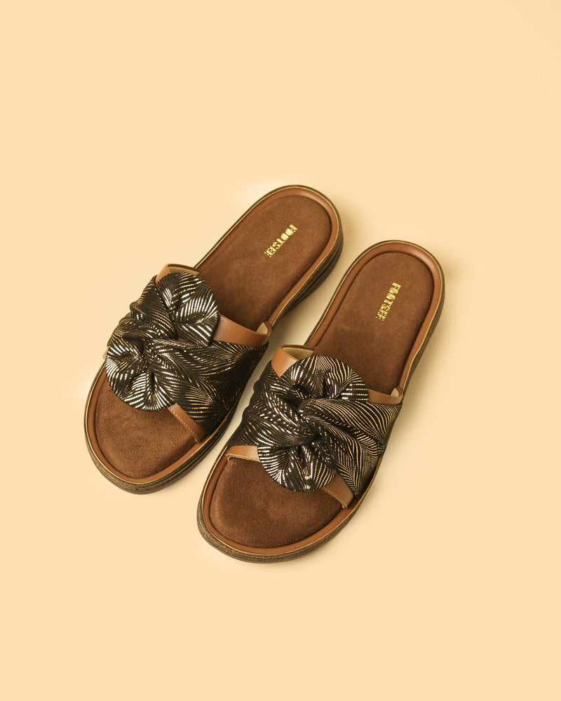 Twirl Tan Gold Knot-Detail Flat Slide