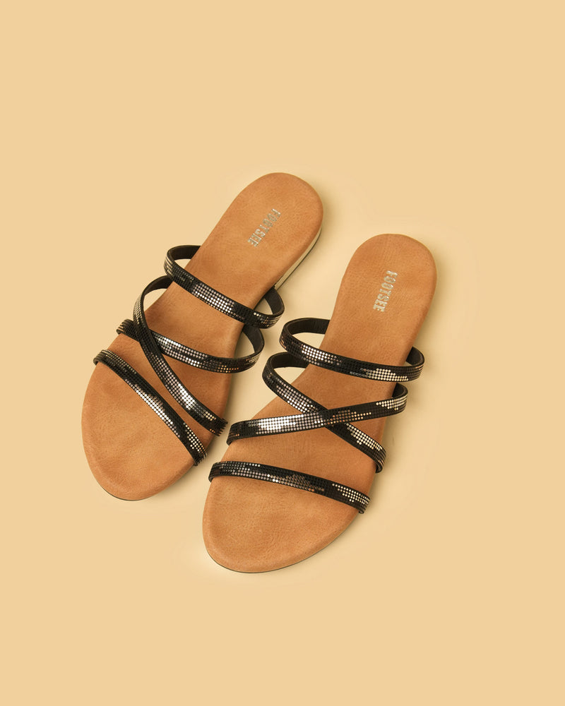Dazzle Black Strappy Flat Slides