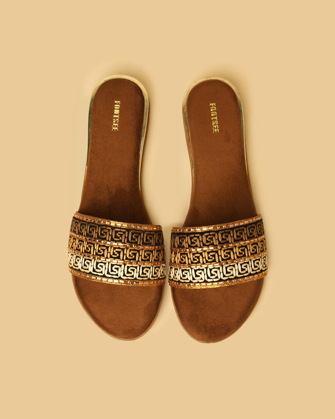 Mosaic Brown Gold Patterned Flat Slides view 2