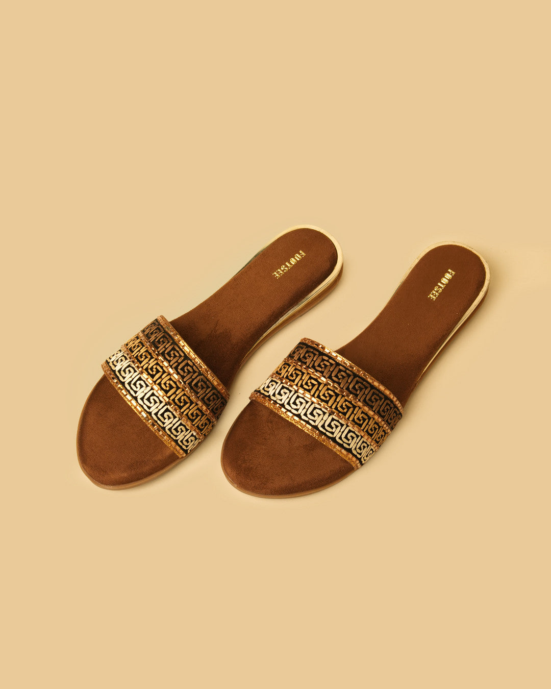 Mosaic Brown Gold Patterned Flat Slides view 3