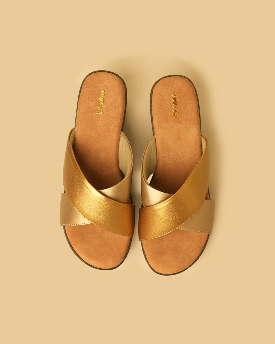 Lustre Gold Champagne Crossover Wedge Slides