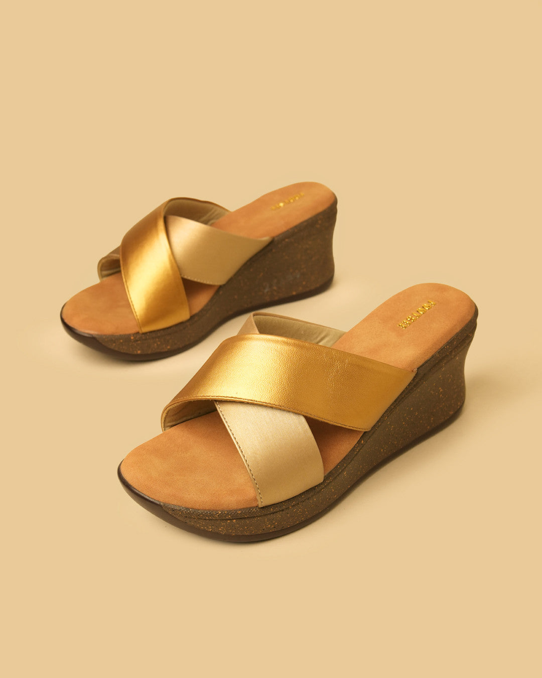 Lustre Gold Champagne Crossover Wedge Slides view 4