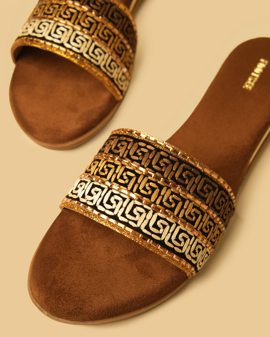 Mosaic Brown Gold Patterned Flat Slides view 4