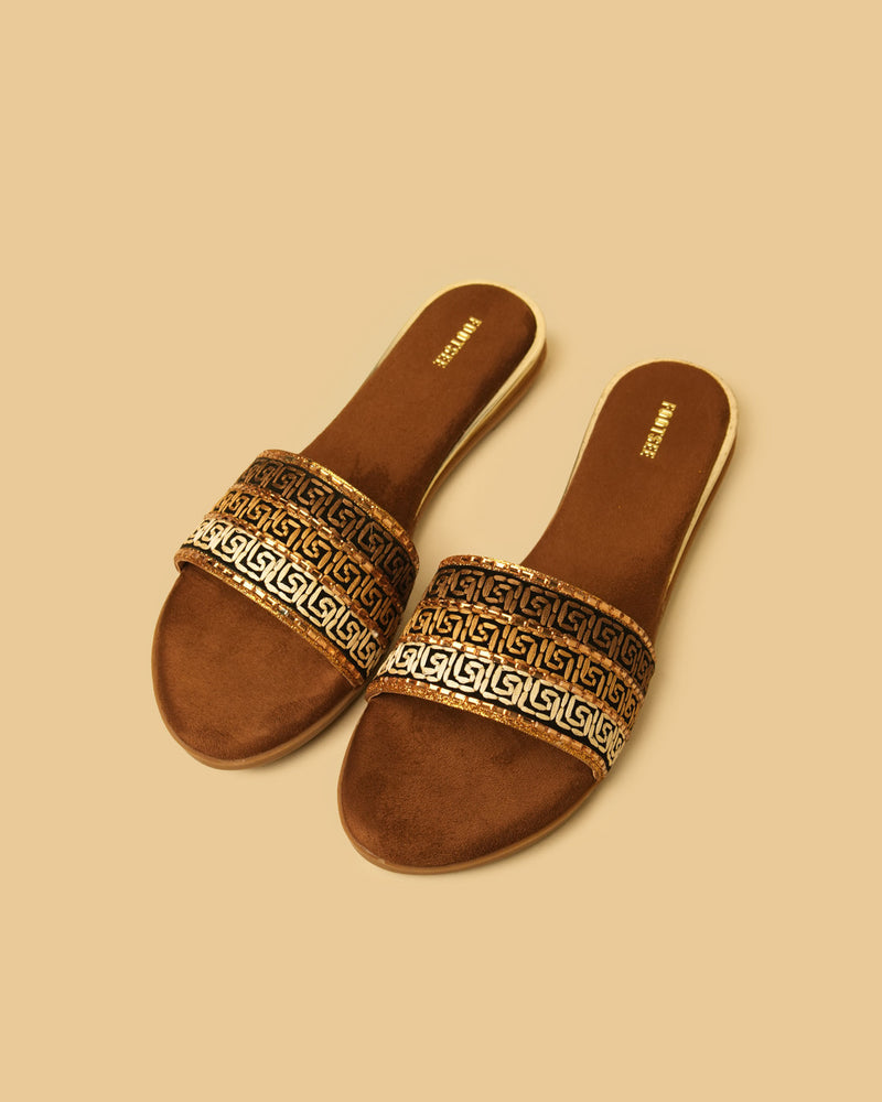 Mosaic Brown Gold Patterned Flat Slides