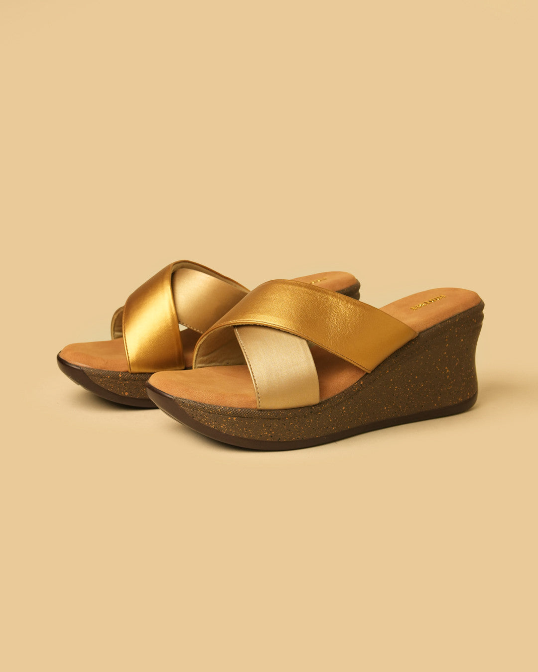 Lustre Gold Champagne Crossover Wedge Slides view 3