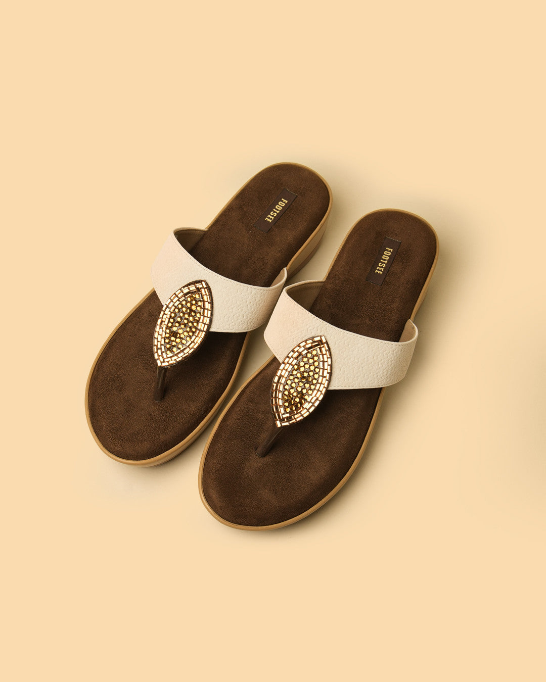 Nira Ivory Gold Embellished Toe-Post Platform Sandal