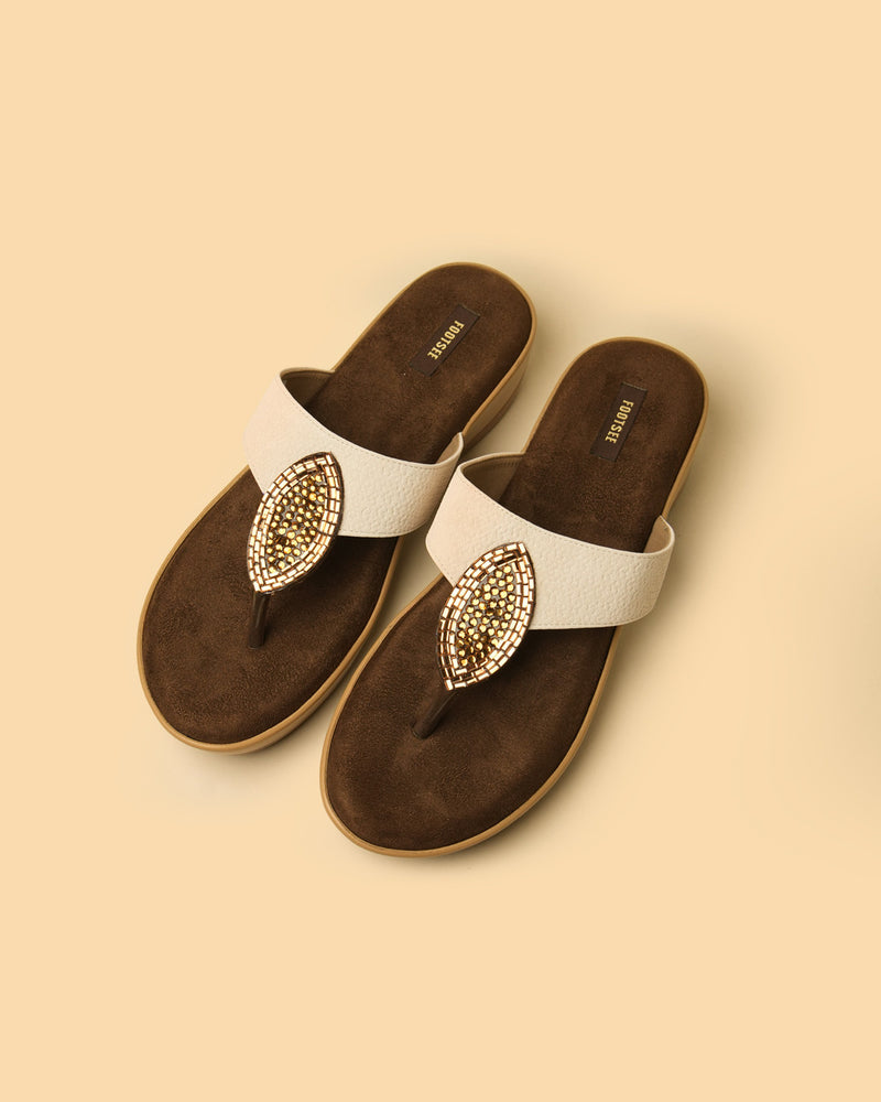 Nira Ivory Gold Embellished Toe-Post Platform Sandal