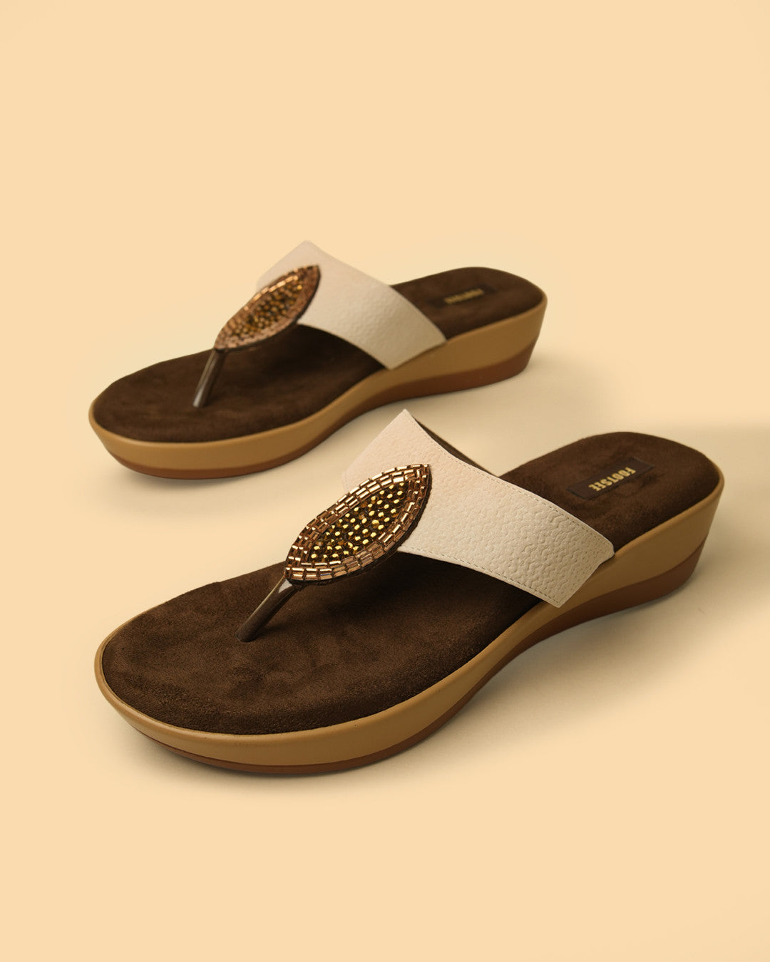 Nira Ivory Gold Embellished Toe-Post Platform Sandal view 3