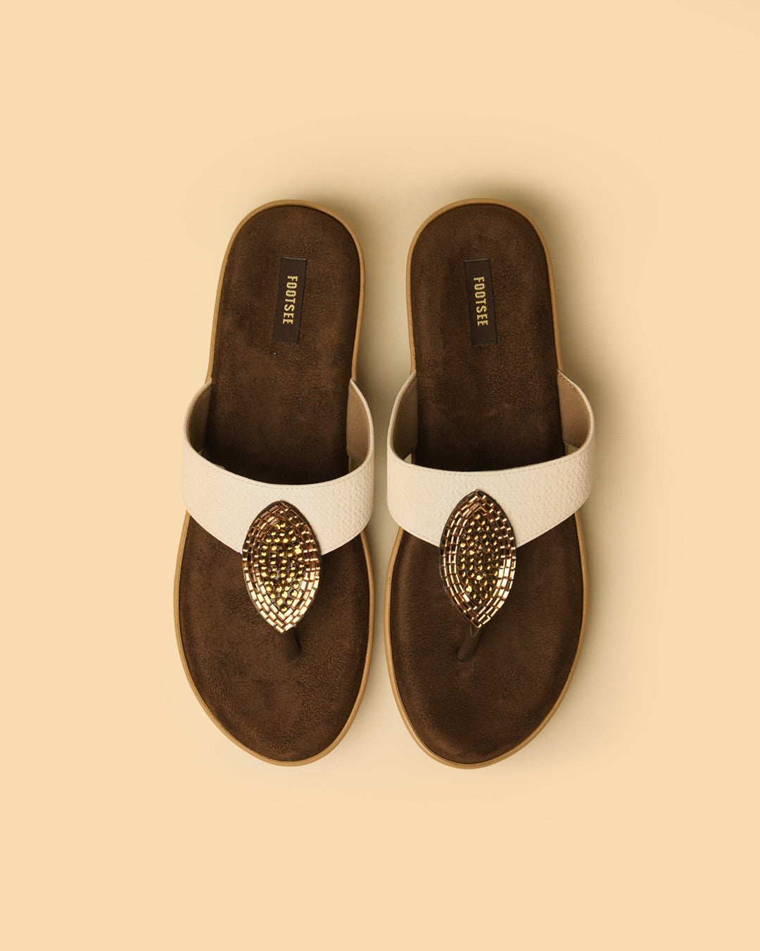 Nira Ivory Gold Embellished Toe-Post Platform Sandal view 2