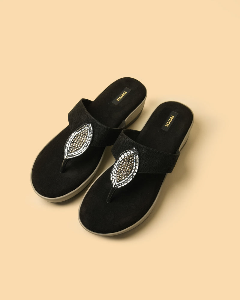 Nira Black Silver Embellished Toe-Post Platform Sandal