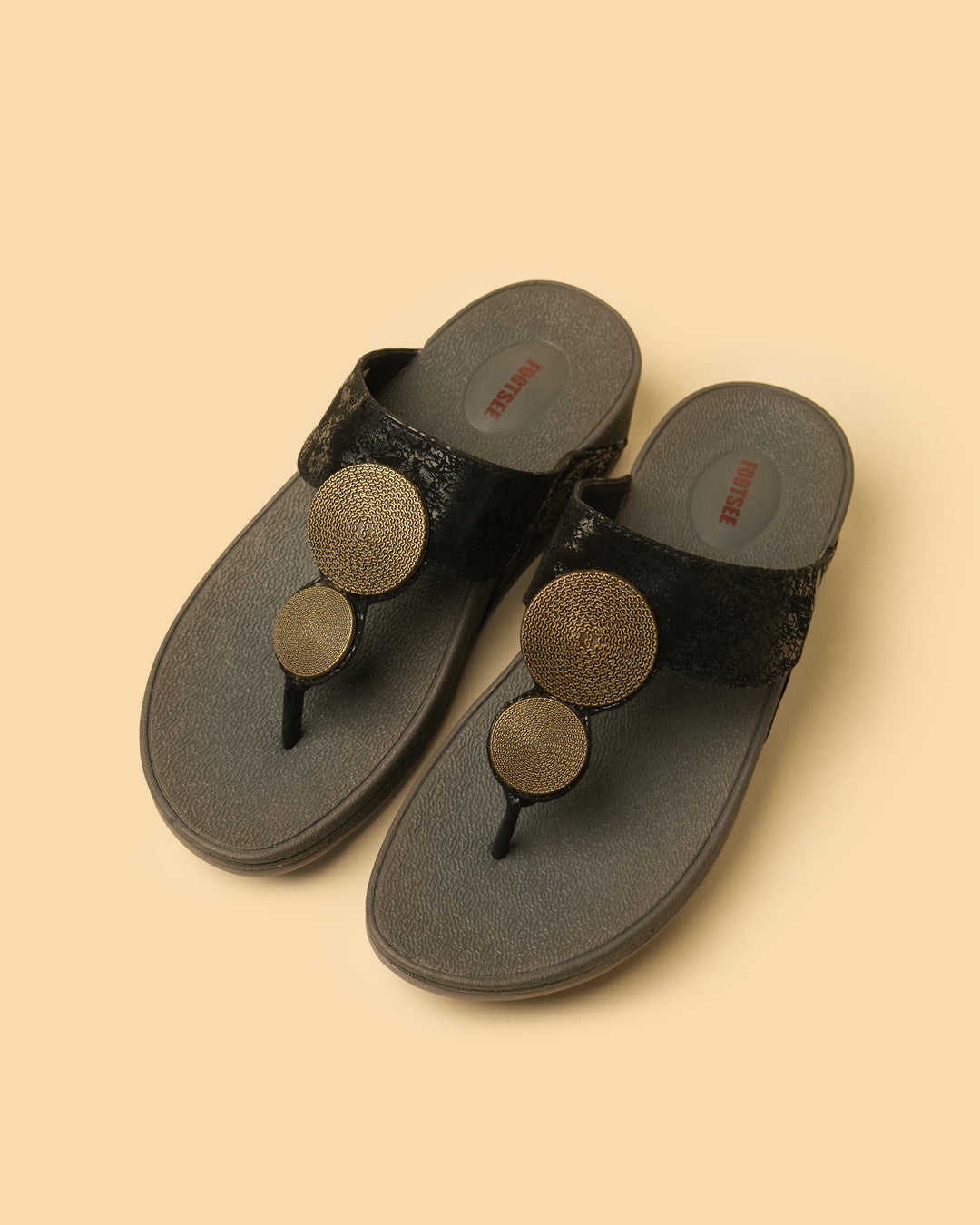 Medallion Black Antique Gold Medallion Toe-Post Platform Sandal