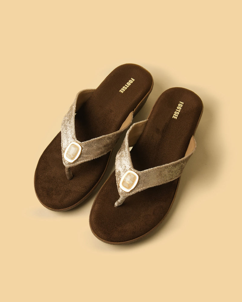 Opal Champagne Gold Stone-Detail Toe-Post Platform Sandal