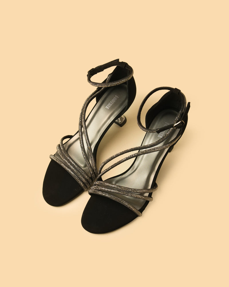 Saira Black Gold Embellished Ankle-Strap Heel