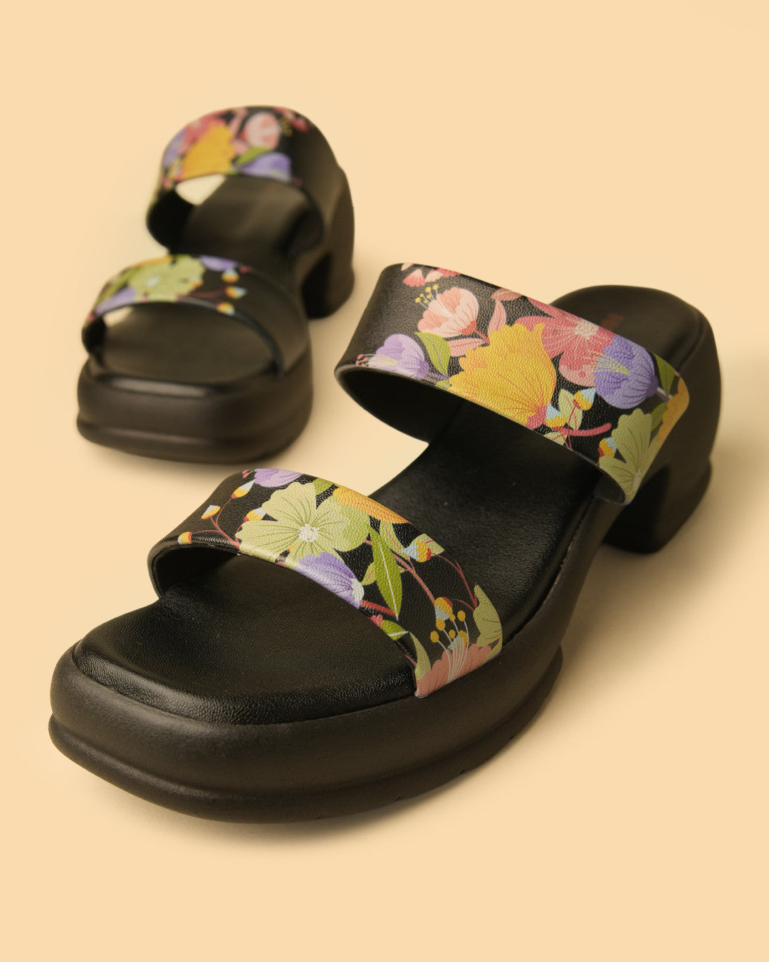 Flora Black Multi Floral Double-Strap Platform Slide view 4