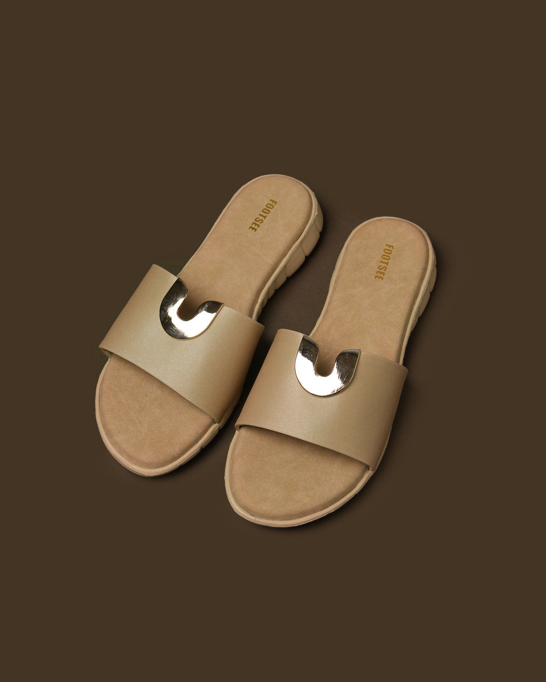 Arc Olive Beige Metal-Detail Flat Slide