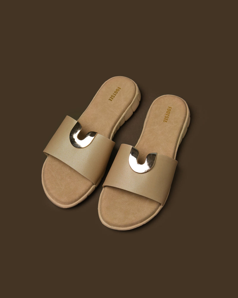 Arc Olive Beige Metal-Detail Flat Slide