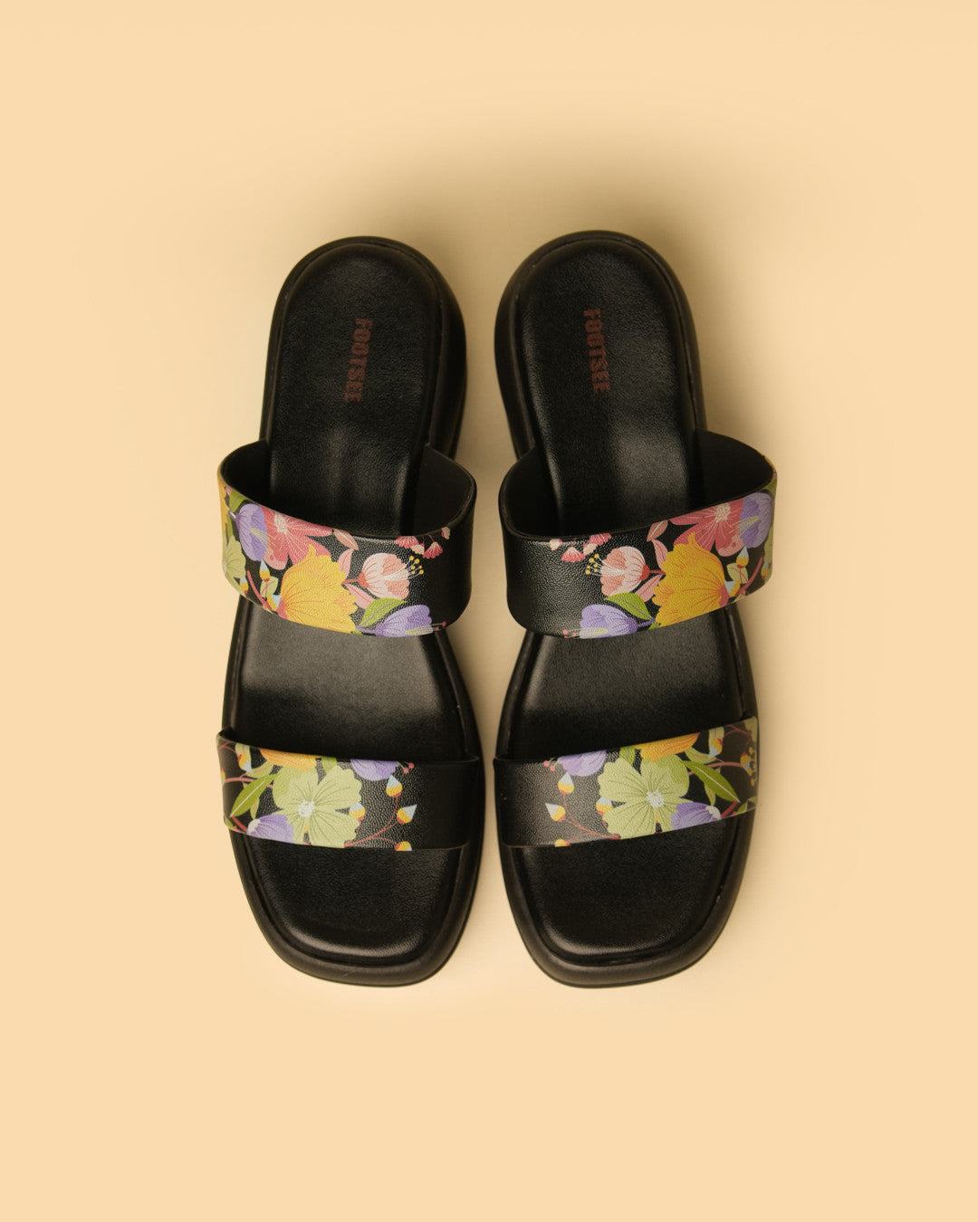 Flora Black Multi Floral Double-Strap Platform Slide