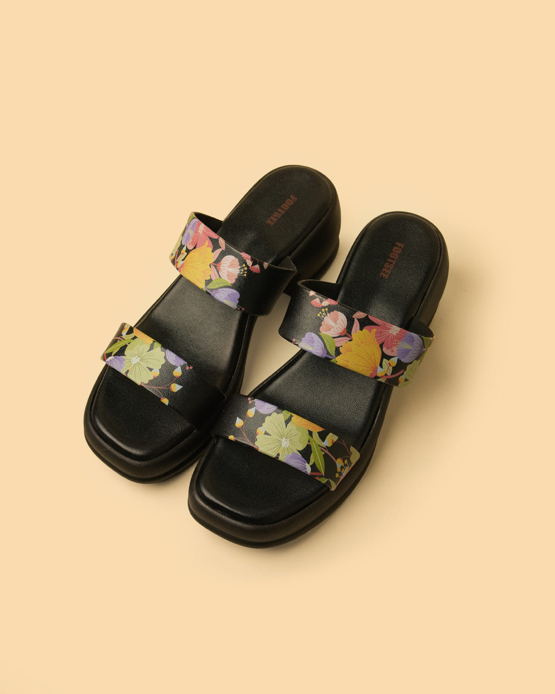 Flora Black Multi Floral Double-Strap Platform Slide view 2