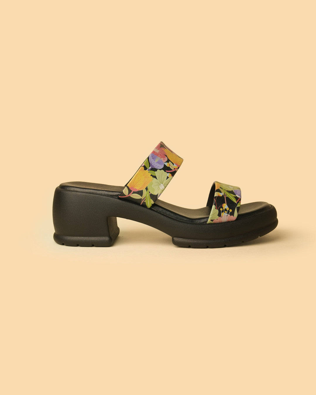 Flora Black Multi Floral Double-Strap Platform Slide view 6