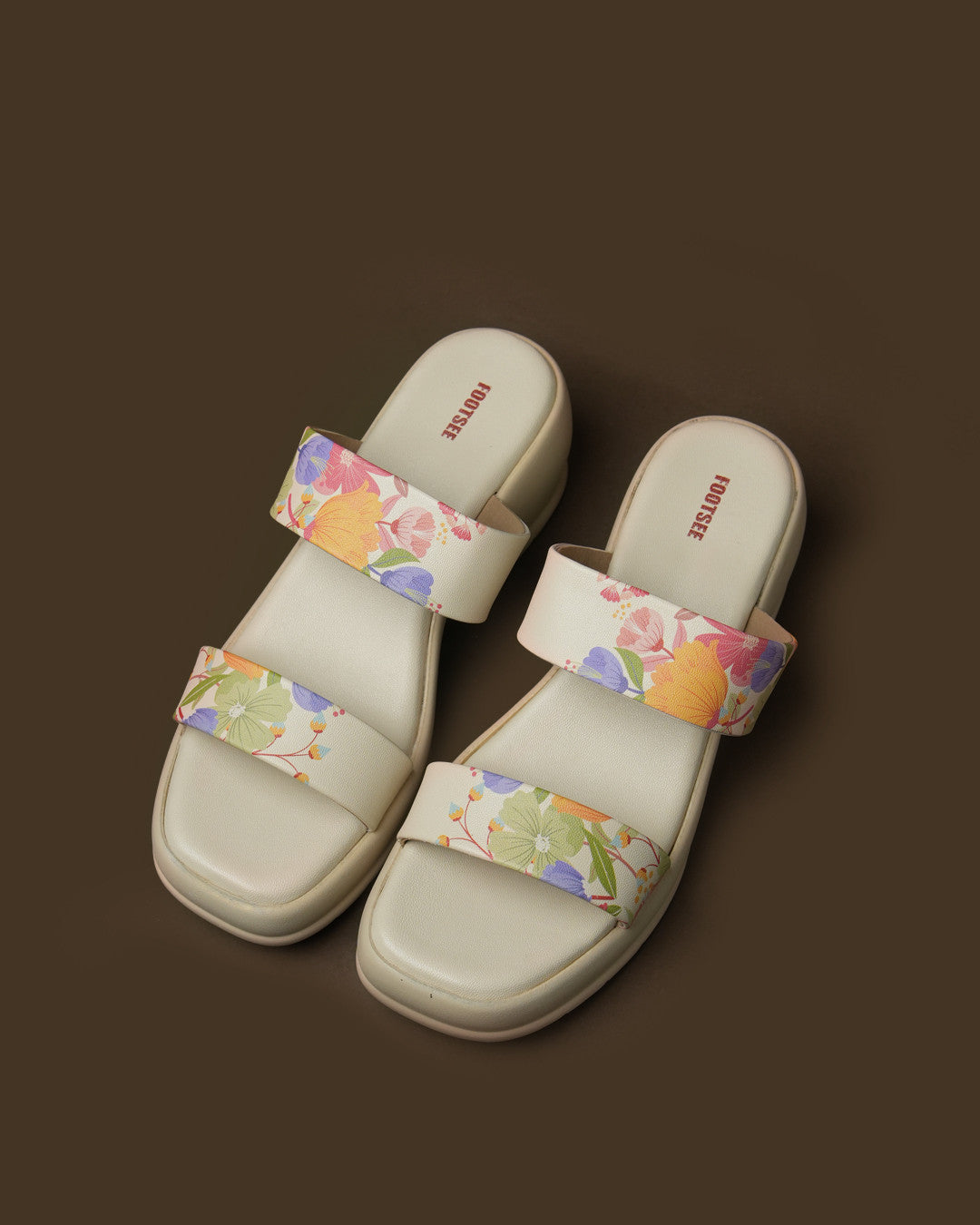 Flora Ivory Multi Floral Double-Strap Platform Slide