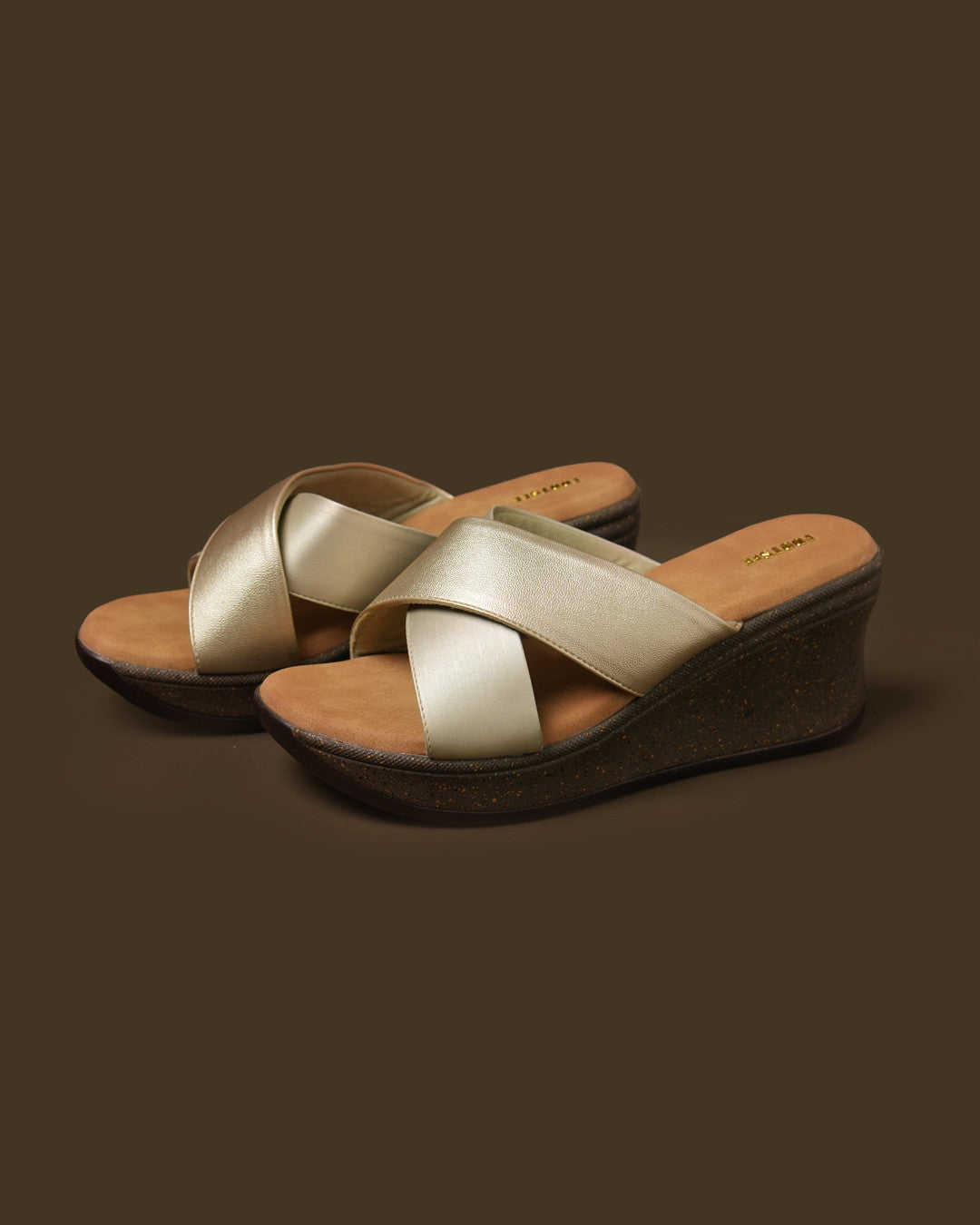 Lustre Champagne Gold Cross-Strap Wedge Slide view 3