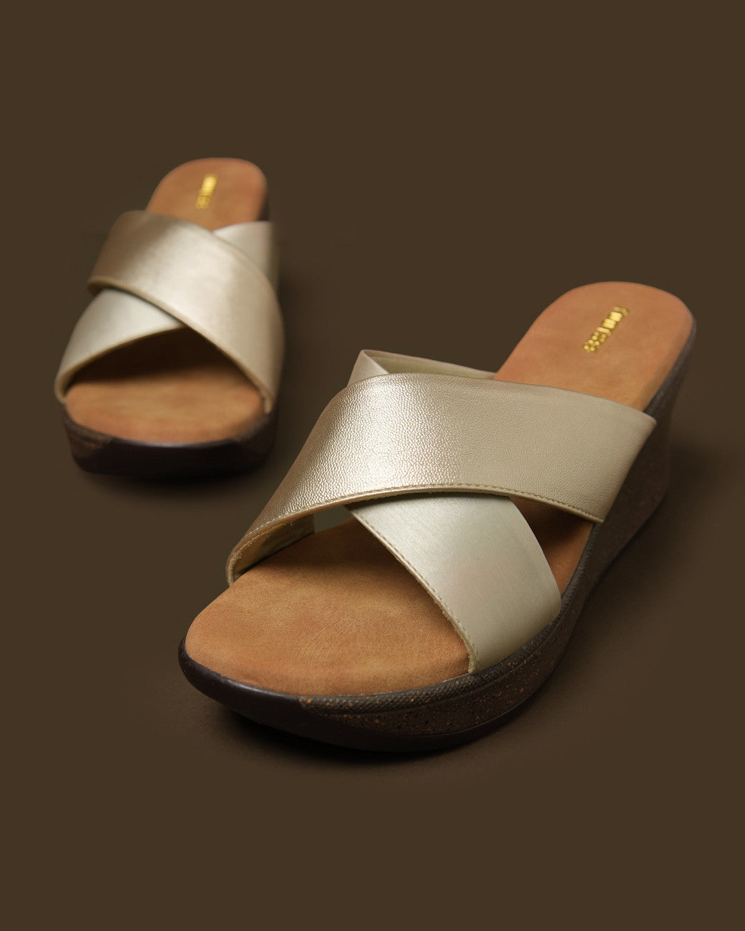 Lustre Champagne Gold Cross-Strap Wedge Slide view 5