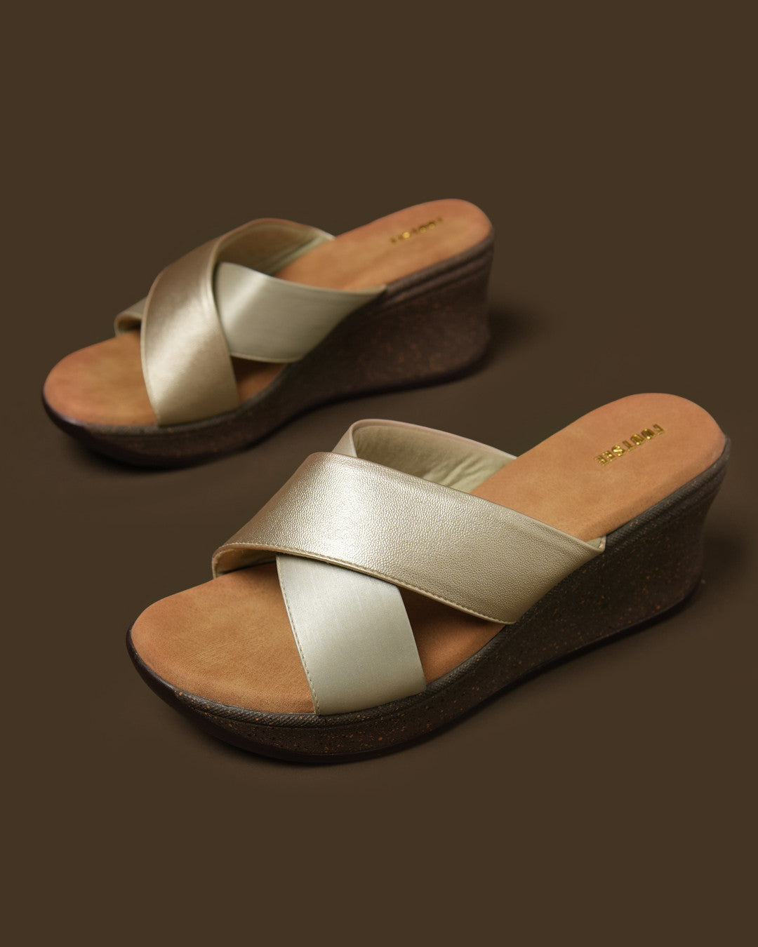 Lustre Champagne Gold Cross-Strap Wedge Slide view 4