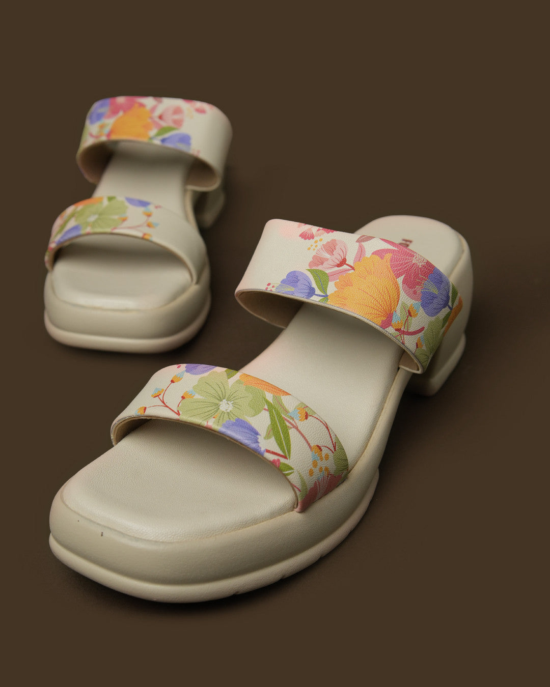 Flora Ivory Multi Floral Double-Strap Platform Slide view 4