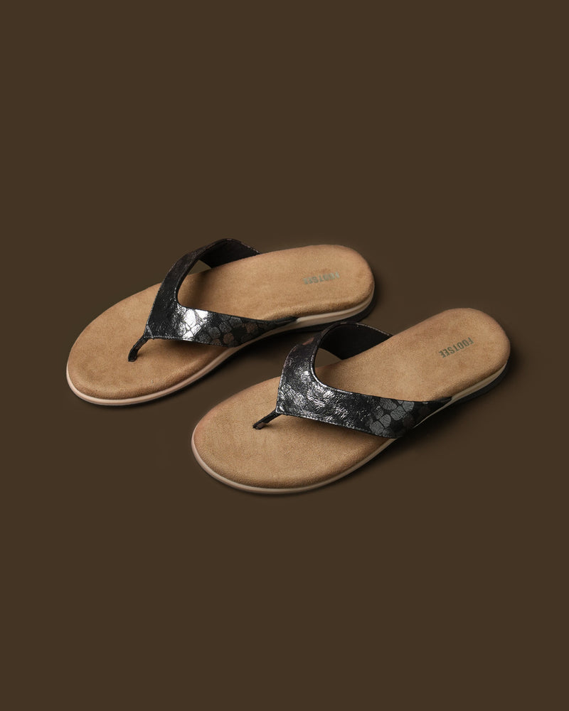 Sable Black Silver Patterned Toe-Post Flat Sandal view 3