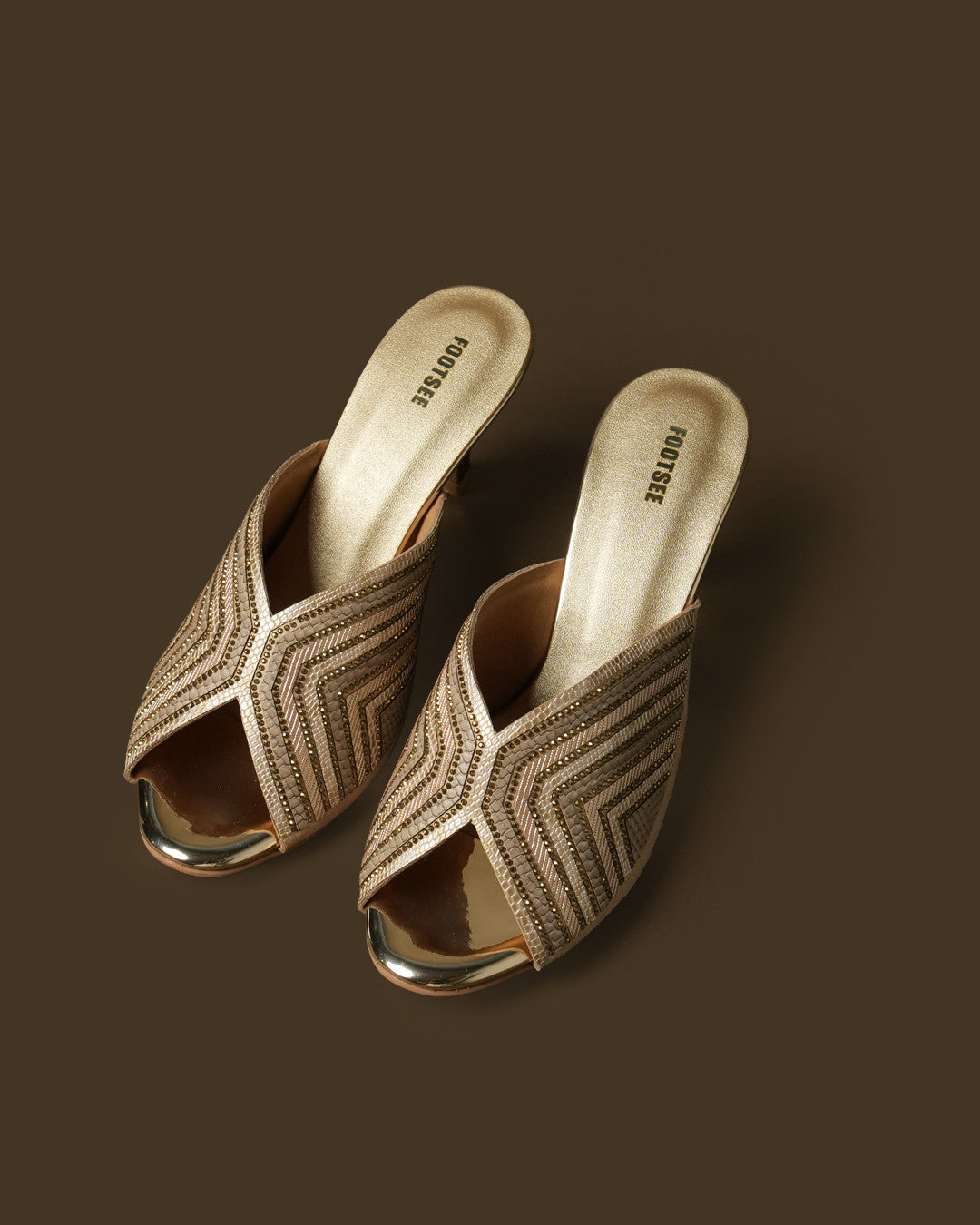 Leher Bronze Gold Patterned Crossover Heeled Mule