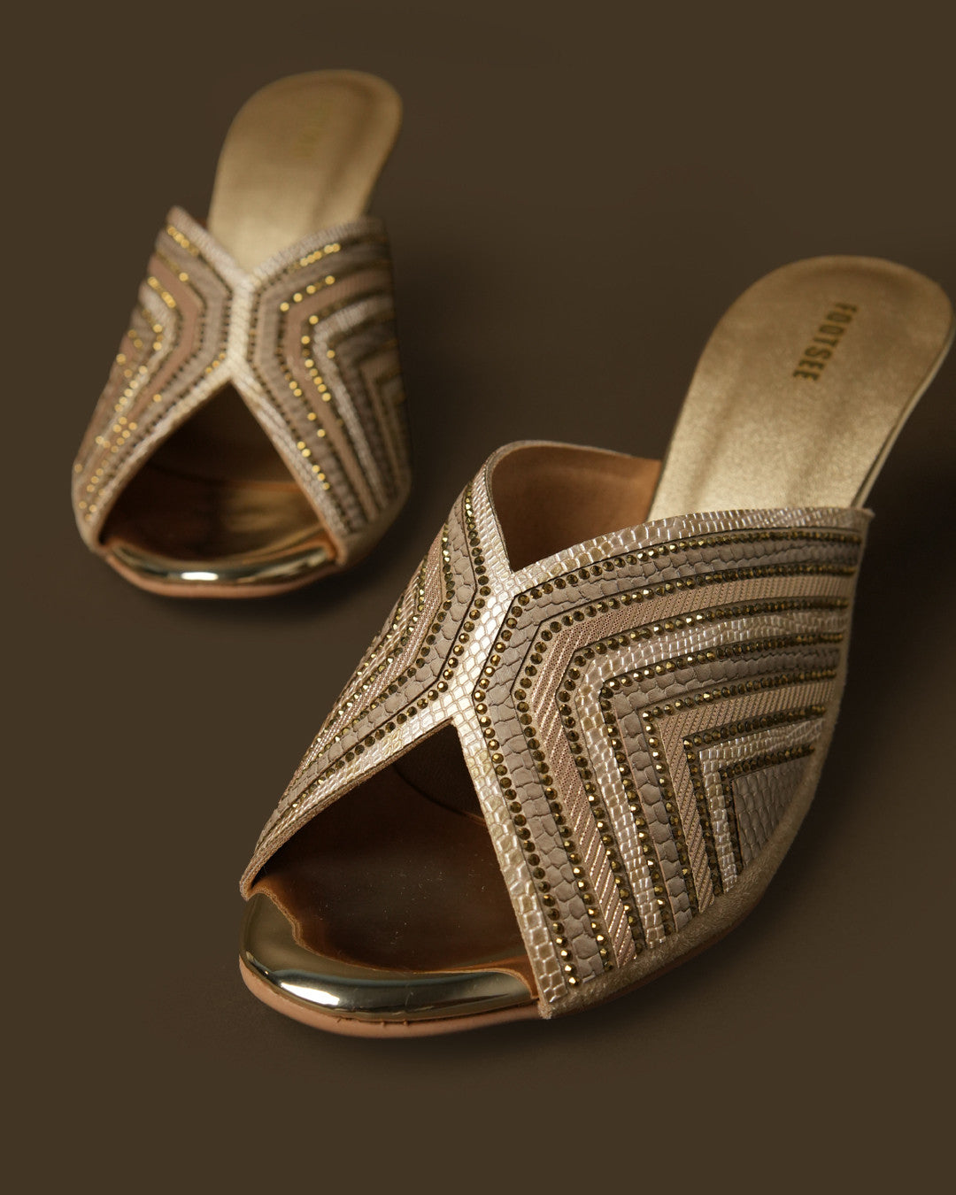 Leher Bronze Gold Patterned Crossover Heeled Mule view 5