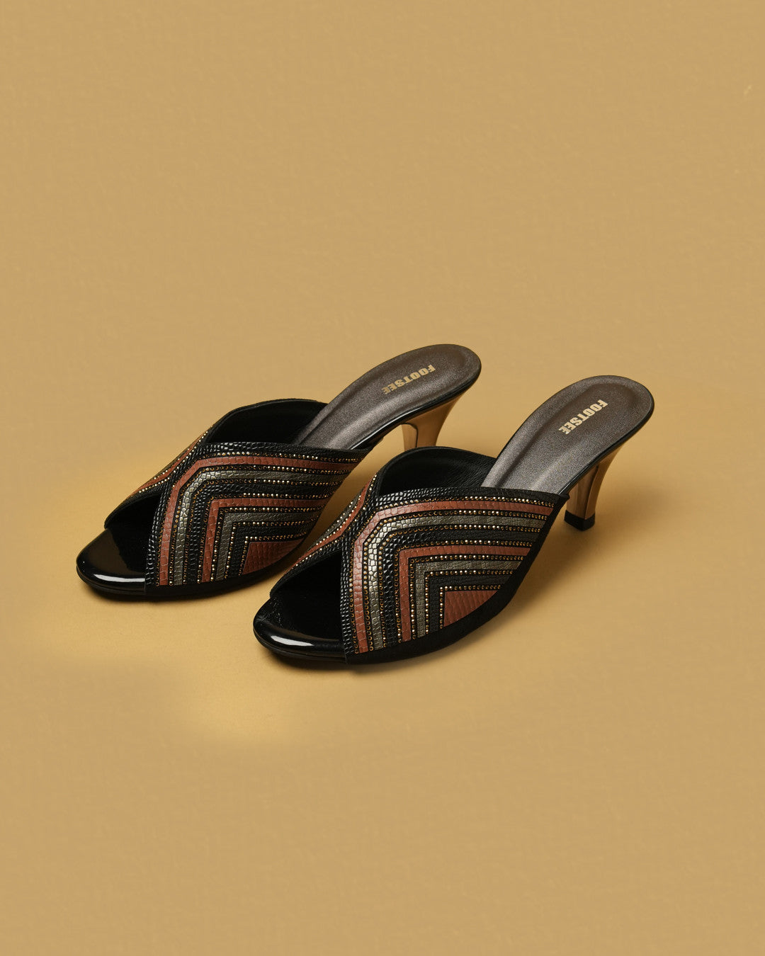 Leher Black Multi Patterned Crossover Heeled Mule view 3