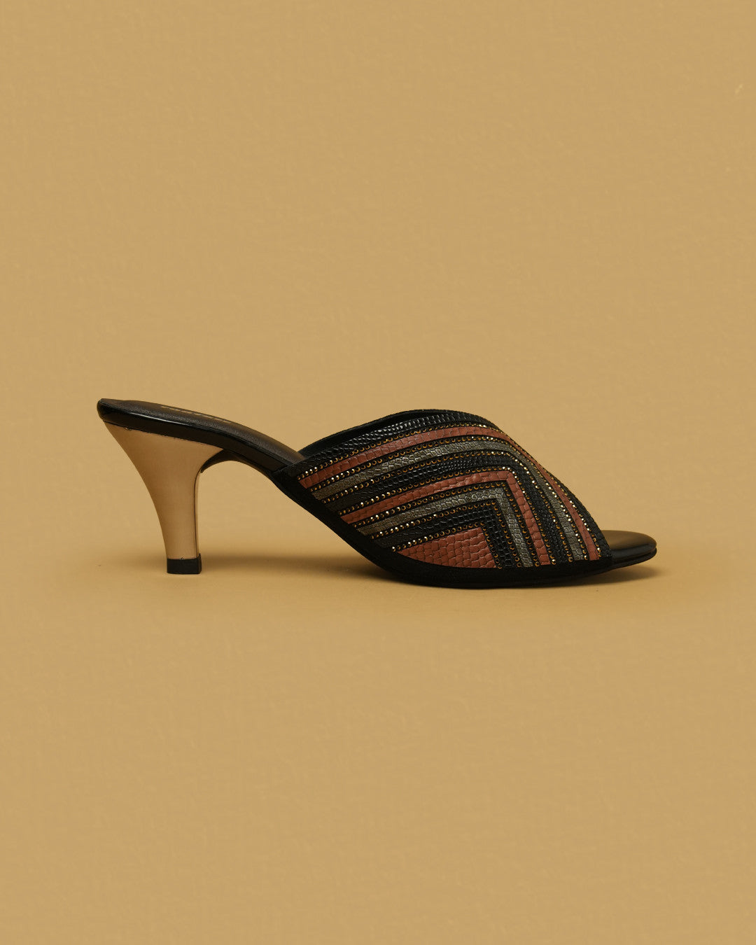 Leher Black Multi Patterned Crossover Heeled Mule view 7