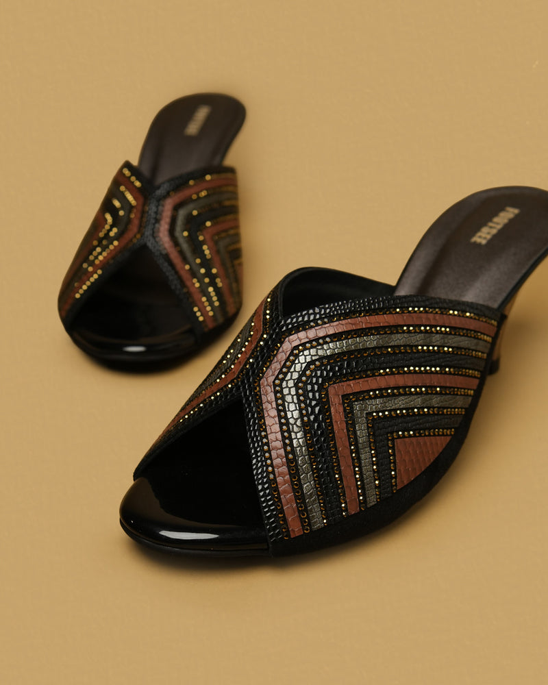 Leher Black Multi Patterned Crossover Heeled Mule view 5
