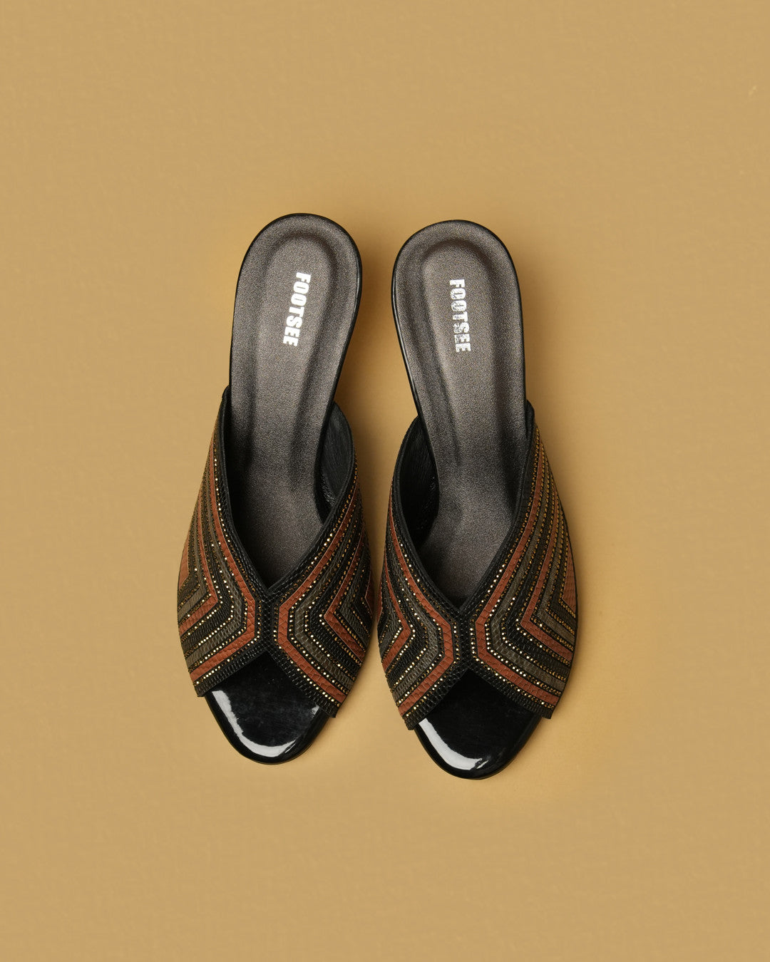 Leher Black Multi Patterned Crossover Heeled Mule view 2