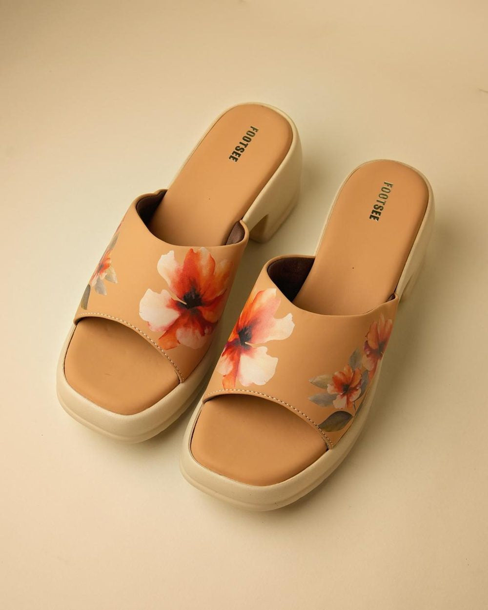 Poppy Tan Floral Platform Block-Heel Slide
