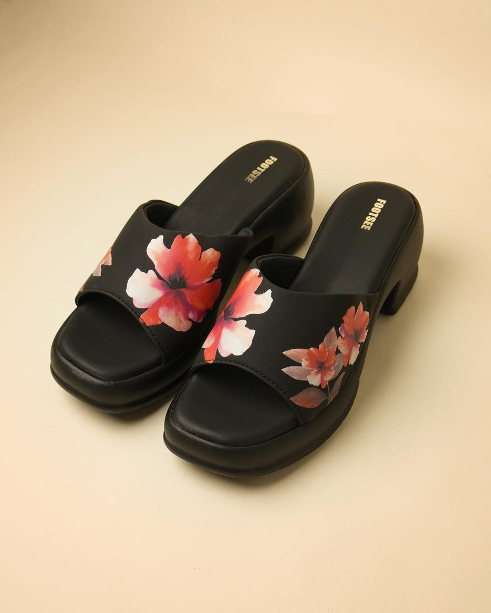 Poppy Black Floral Platform Block-Heel Slide